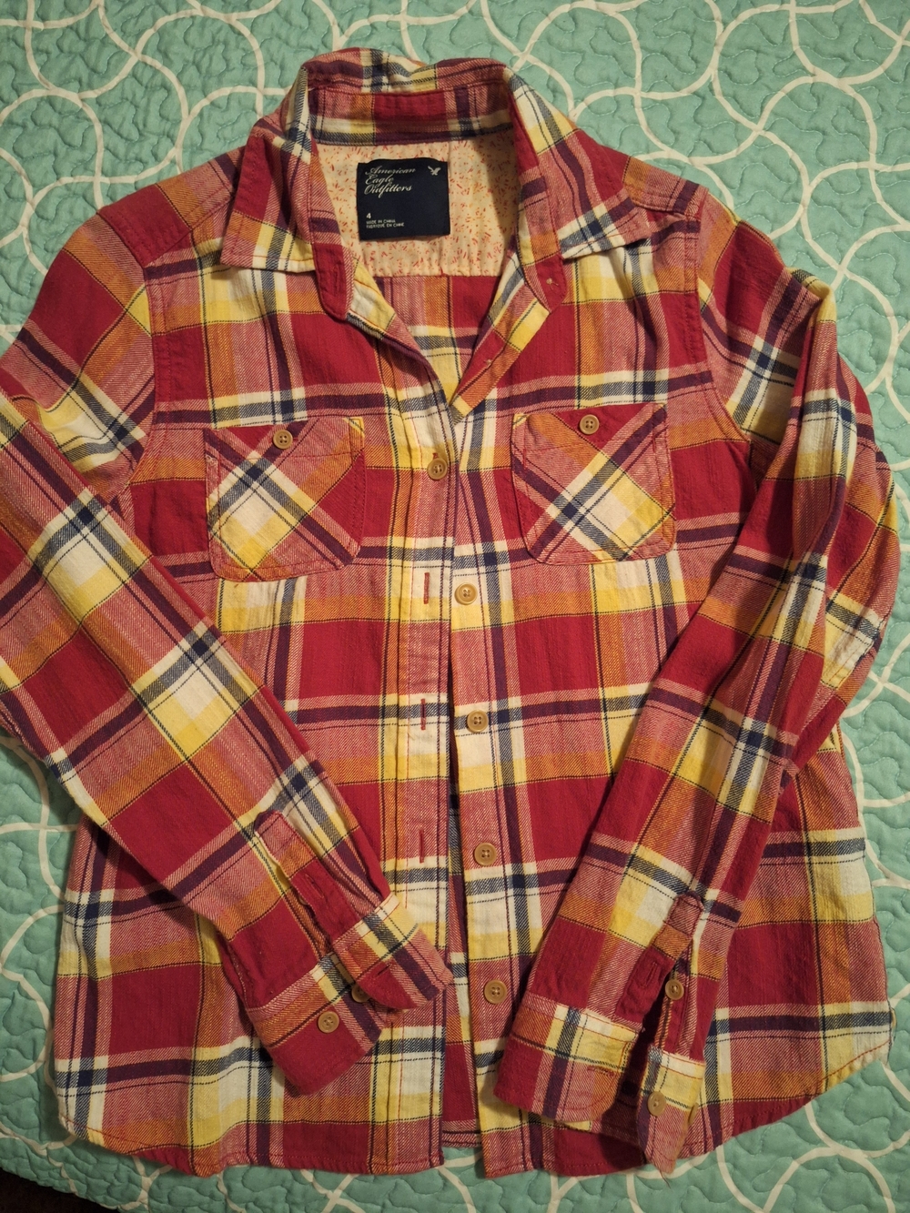 American Eagle Outfitters Red Plaid Flannel Shirt Jacket with Yellow Accents
